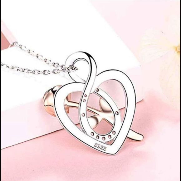 Rose Flower Heart Necklace - 925 Sterling Silver & Cubic Zirconia - Picture 4 of 6